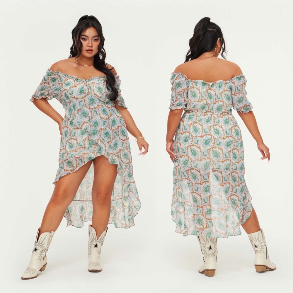 CM NWT Cider Plus 3X Boho Paisley High Low V-Neck Short Sleeve Green Pink Dress - Picture 1 of 7